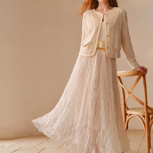 Apricot Elegant Women's Hollow-Out Bohemian Cashew Flower Pattern Coat - Picture 6 of 7